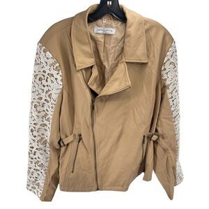 Pamela Mccoy Womens Full Zip Jacket Lace Overlay Adjustable Buckle Tan Lined 12